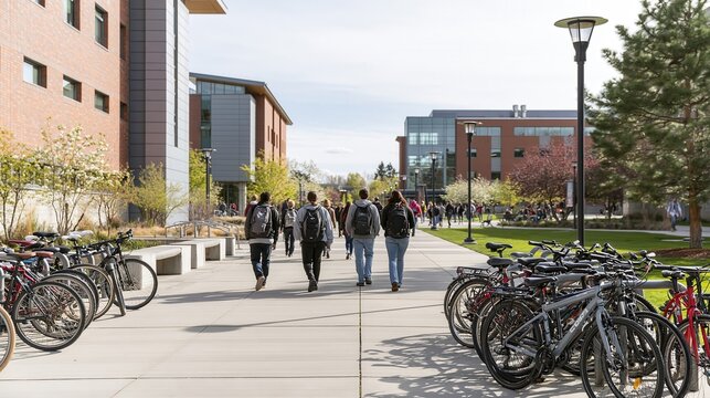 Students walking along a campus path with bicycles and modern brick buildings under bright daylight