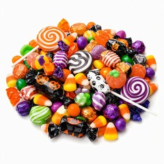 Fototapeta premium Colorful Halloween Candy Assortment with Lollipops, Candy Corn, Pumpkin Treats and Wrapped Sweets Isolated on a White Background