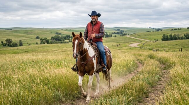 Cowboy riding horse on ranch trail. Man in hat and red vest on pinto horse walking through green prairie meadow. Rural countryside lifestyle, western farming and ranching concept.