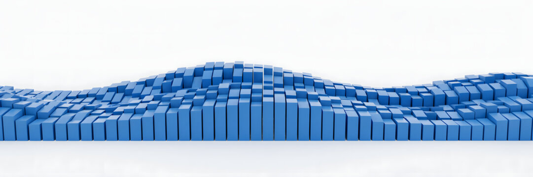 A large grid of blue square blocks arranged in a flowing wave surface pattern with multiple peaks on a plain white background, data concept