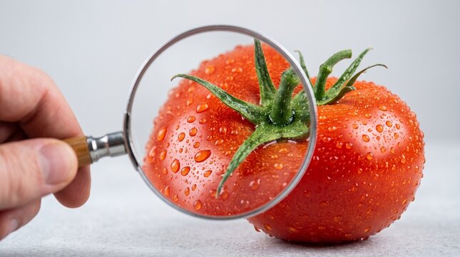 Hand holding magnifying glass examining fresh red tomato with water drops. Food safety and quality control inspection concept.