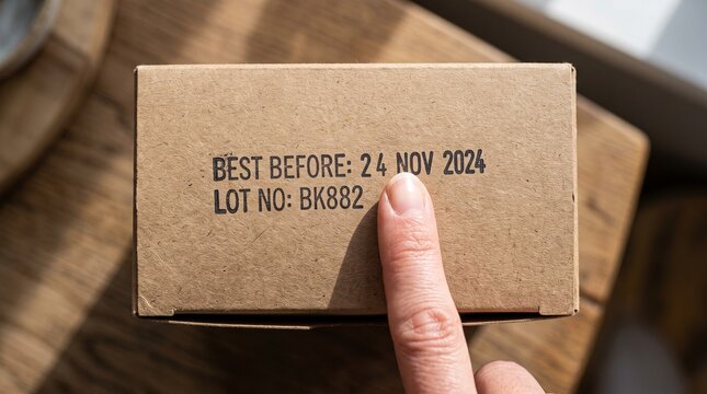 Woman pointing finger at best before date and lot number on cardboard food box. Checking expiration date for food safety and quality control.