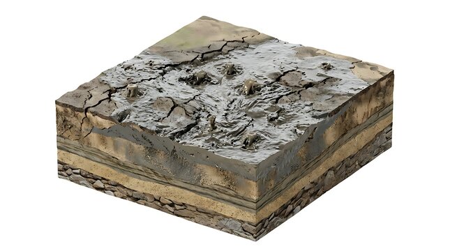 Cross section of earth soil layers with cracked surface isolated on white background