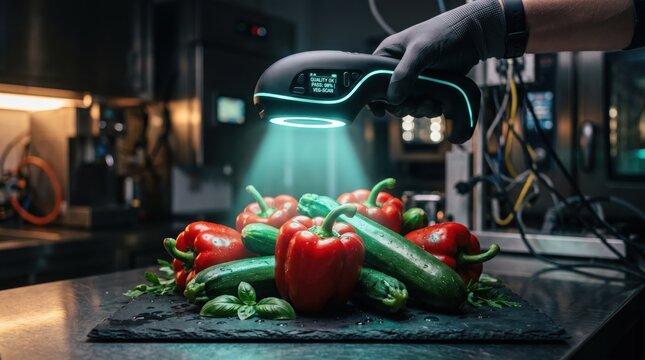 Man in glove scanning fresh vegetables with futuristic handheld quality control device. Food safety inspection and quality testing of pepper and zucchini.