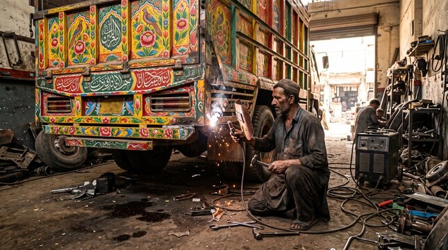 a man  is welding a truck