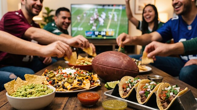 Friends watching american football game on tv while eating tacos and nachos at home party. Sport fan gathering