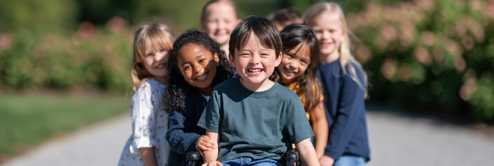 Fototapeta premium Inclusive group of friends surrounding a child in wheelchair outdoors for inclusion poster background and school banner design