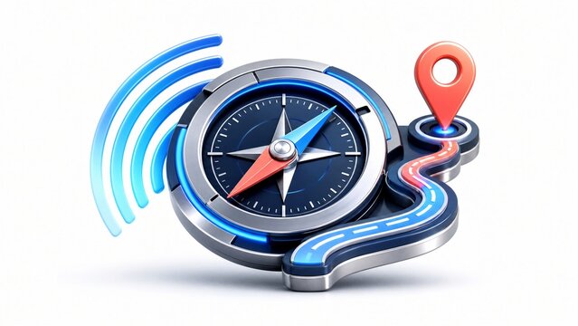 Futuristic 3D navigation compass with digital route path and location pin icon