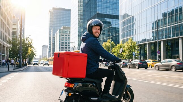 Smiling man courier with red delivery box riding scooter in city street. Fast food delivery service on motorcycle in urban downtown.