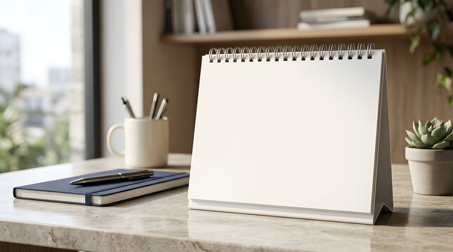 Blank desk calendar mockup standing on a modern office table with notebook and pen in a sunlit workspace