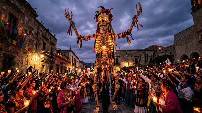 Giant skeleton puppet during Day of the Dead parade celebration on city street.