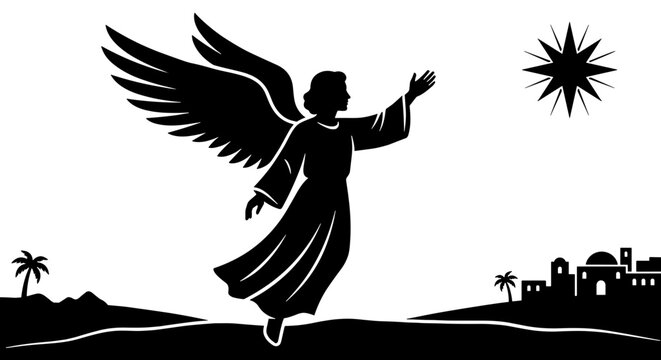 Angel Announcing the Birth of Jesus, Christmas Angel Flying Over Bethlehem with Star of Bethlehem, Luke 2 Nativity Story Biblical Vector Silhouette