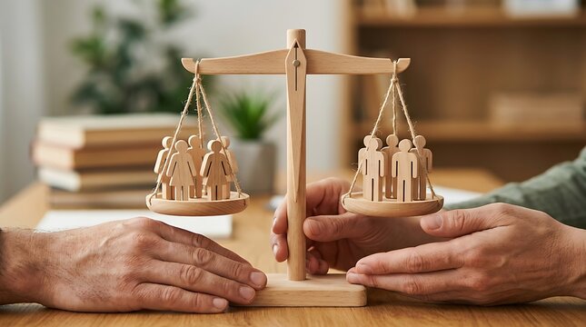 Wooden scale of justice balancing two groups of human figurines with decision making equality judgment fairness