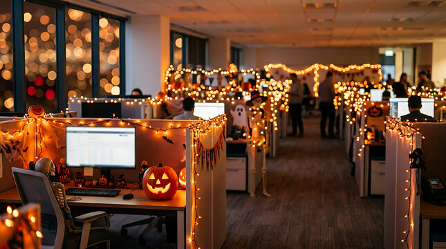 Modern office cubicles decorated for Halloween with festive lights and