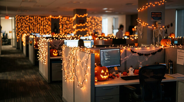 Halloween-decorated modern office workspace with pumpkins and string l