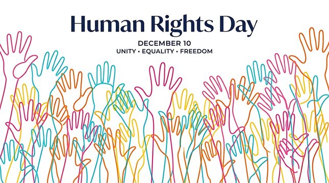 Colorful hand outlines raised together in celebration for human rights day december 10 with celebration