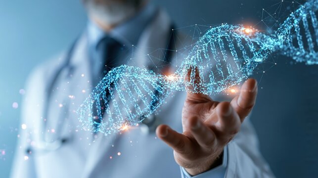Scientist holding glowing DNA helix structure with bokeh background during medical research