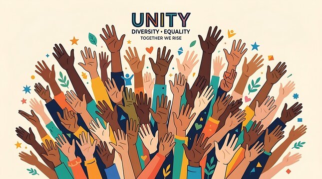 Diverse group of people raising hands together representing unity diversity and equality with diversity