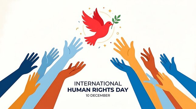 Colorful hands reaching towards a red dove of peace for international human rights day with diversity equality community