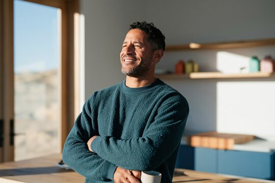 Relaxed man enjoying morning sunlight with coffee mug in a modern kitchen for lifestyle background and wellness banner