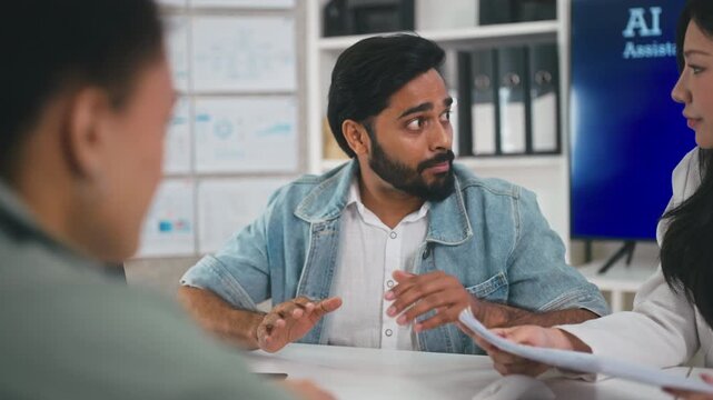 Business team discussing strategy during a meeting with AI assistant technology.