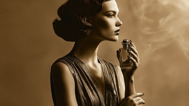 Elegant woman in vintage dress smelling perfume bottle with soft sepia lighting and subtle smoke wisps