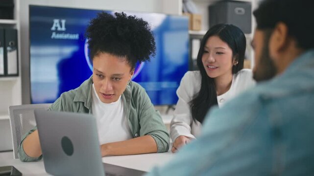 Business team discussing strategy during a meeting with AI assistant technology.