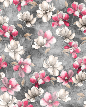 Seamless floral pattern featuring large cream and bright pink magnolia blossoms with soft beige leaves over a textured grey marble background.