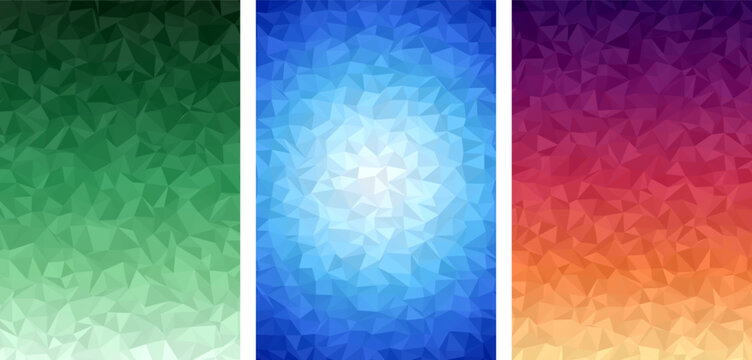 Abstract geometric gradient background with triangle mosaic pattern in vibrant green blue and purple color transitions