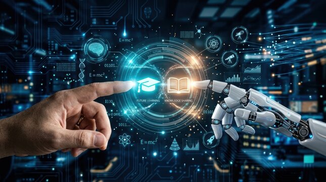 Human and robot hands touching digital education icons in a futuristic technological workspace