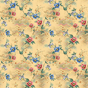 Seamless floral pattern featuring delicate blue and pink wild blossoms with leafy stems over a light beige background with subtle chevron textures.