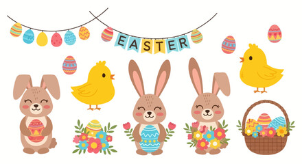 Naklejka premium Charming and whimsical vector illustration featuring stylized floral elements and playful characters on a clean white background, ideal for nursery decor, children's books, or greeting cards.