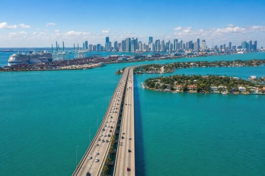 Macarthur causeway highway bridge aerial perspective carrying vehicular traffic over turquoise tropical bay water toward Miami downtown skyline buildings cityscape.
