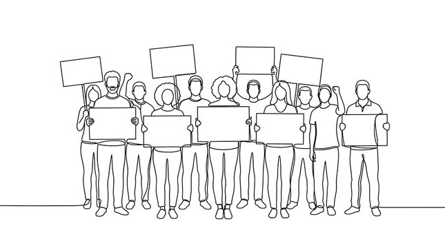 A crowd of people holding blank protest signs in a simple black and white line drawing with monochrome activism advocacy
