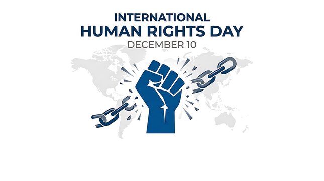 International human rights day banner featuring a bold blue fist breaking chains over a world map background