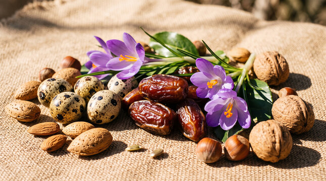 Nuts dates and crocus flowers still life.