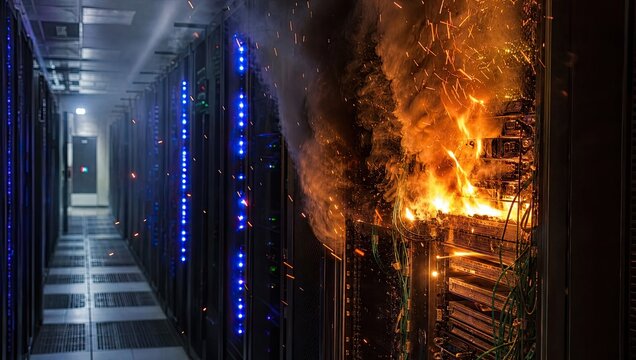 Modern server room data center experiences critical hardware failure with fire flames and smoke coming from computer racks during catastrophic system outage.