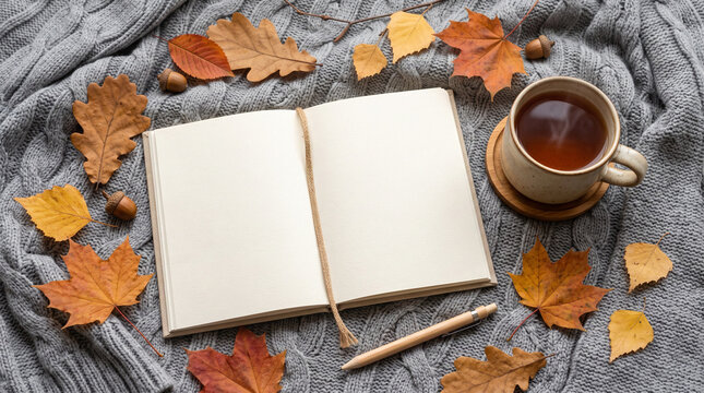 Open blank notebook with pen and tea cup among autumn leaves on grey knit blanket.