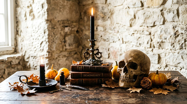 Halloween Still Life with Human Skull, Demonology Books and Candles