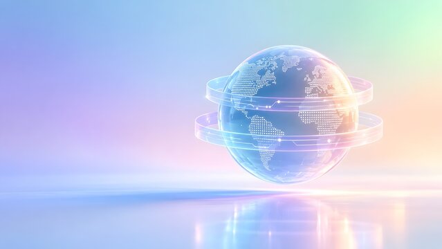 Futuristic holographic globe with glowing circuit nodes and orbiting data rings illustrating global digital transformation