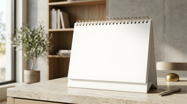 Blank white desk calendar mockup standing on a wooden office table with a blurred bookshelf
