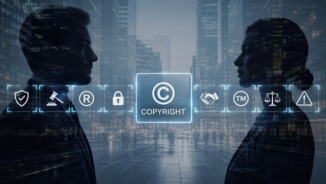 Corporate legal copyright symbols floating between male and female business leaders in modern glass office building for intellectual property protection concept.