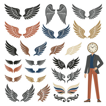Collection of stylized eagle wings and feathers with clock-headed figures