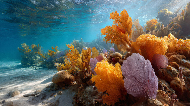Vibrant underwater coral reef teeming with diverse marine life and colorful formations