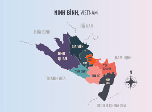 Ninh Bnh Vietnam Tinh into Huyen in a minimalist colorful style map showing