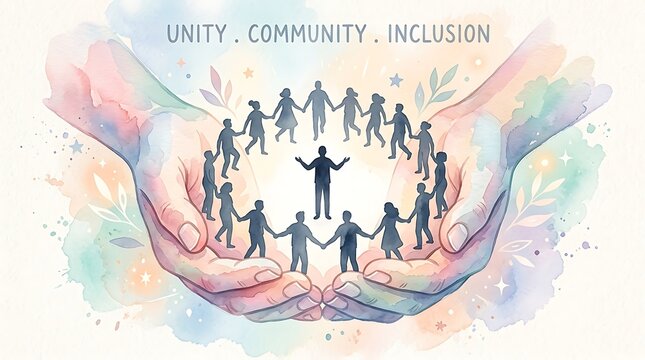 Watercolor illustration of giant hands cradling a diverse community circle representing unity and inclusion with community