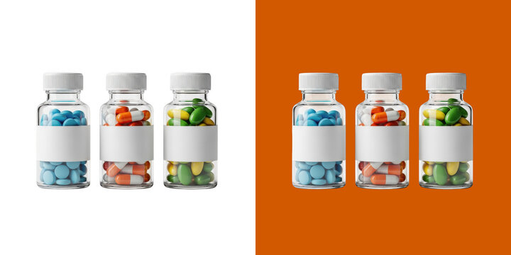 Three clear glass medical bottles filled with various colorful pill and capsule doses transparent png