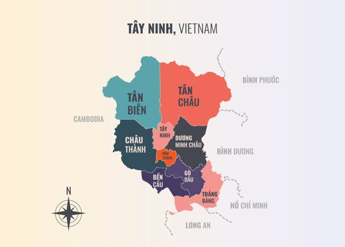 Ty Ninh Vietnam Tinh into Huyen in a minimalist colorful style map showing