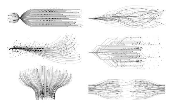 Monochrome data visualization with connected nodes and structured lines. Digital network system collection. Vector analytical flow, information mapping and abstract technology structure