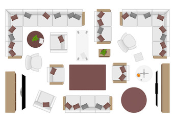Obraz premium Living room interior. Home furnitures, top view. Sofas, armchairs and television units, rugs and decorative elements in realistic style. Vector household layout with seating zones structures